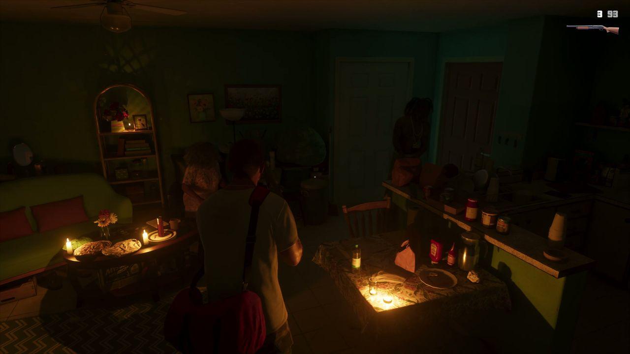 Flames light the apartment as the group moves through the room.