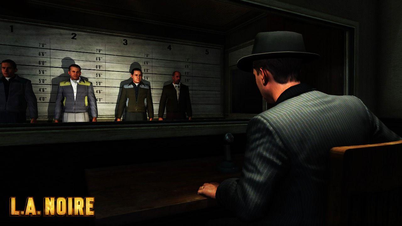 Official L.A. Noire screenshot showing Cole Phelps, identifying criminals.