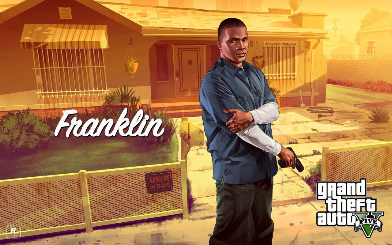 Franklin Clinton standing outside his South Los Santos home in official GTA 5 artwork