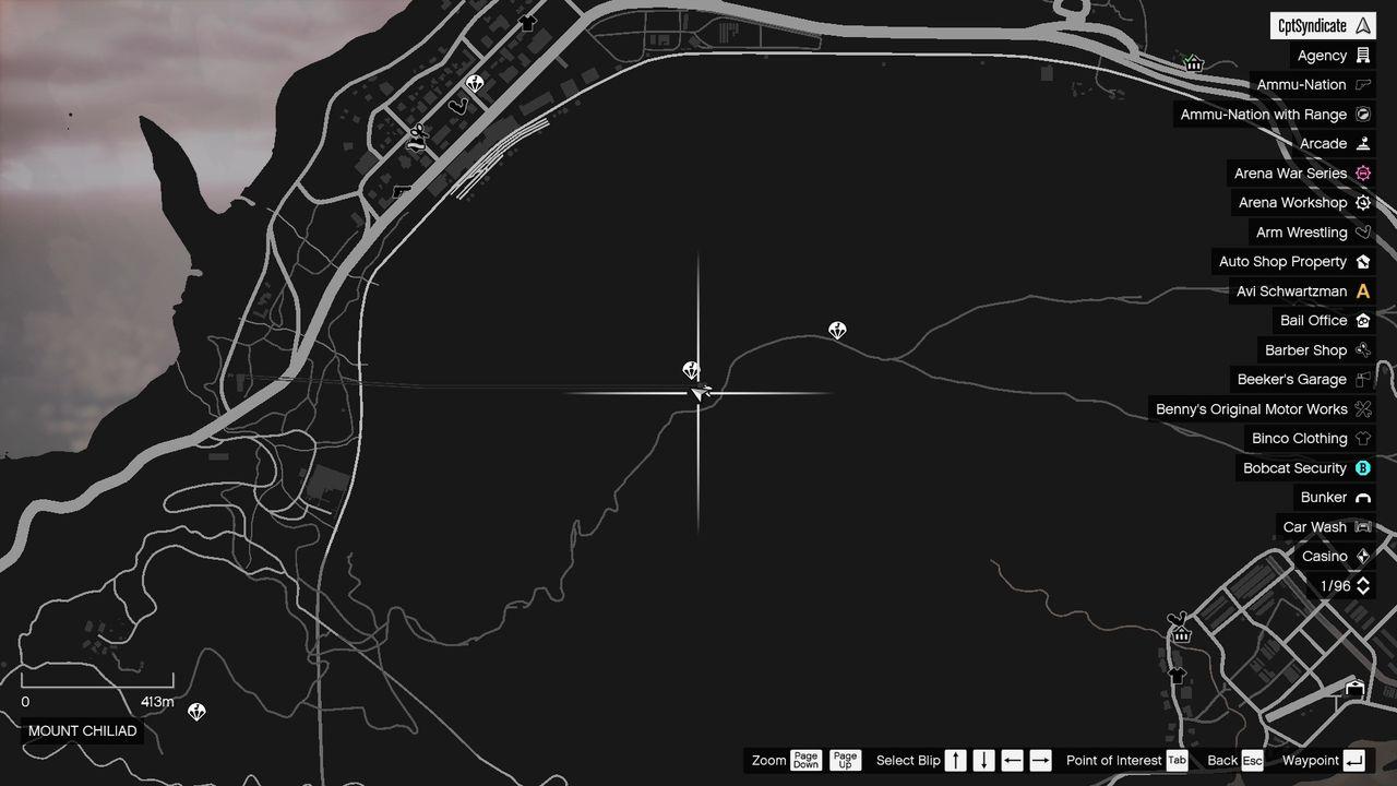 The map shows the location of the lucky clover on top of Mount Chiliad.