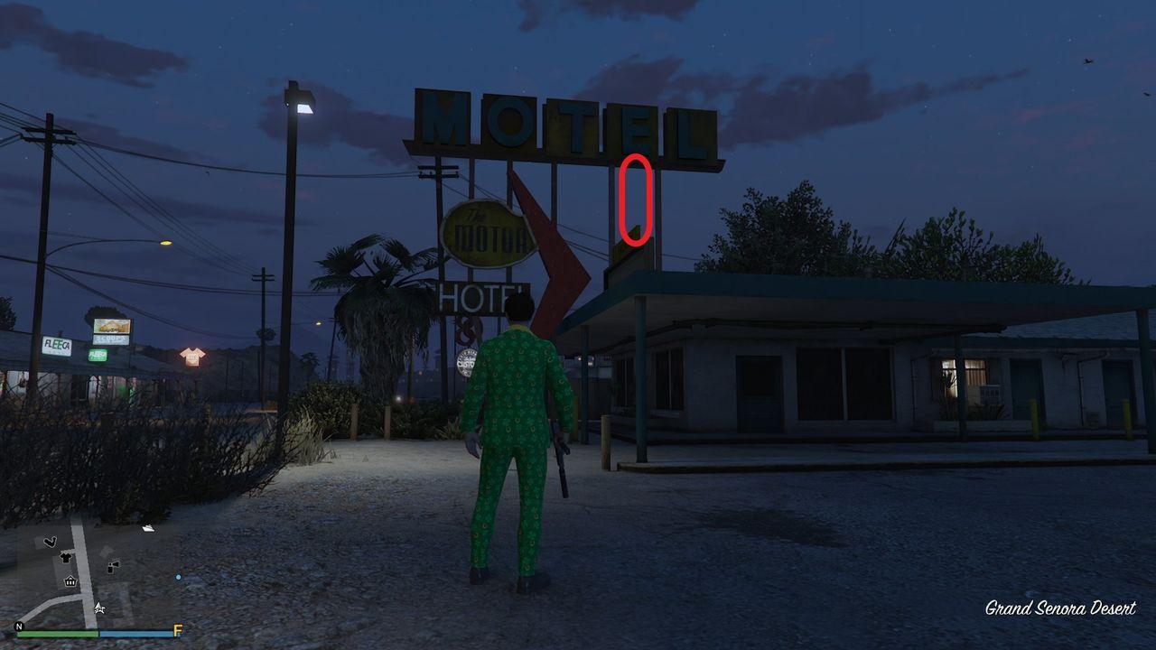 The golden clover will be hanging off the "E" of the Motel sign at the Motor Hotel in the Grand Senora Desert.