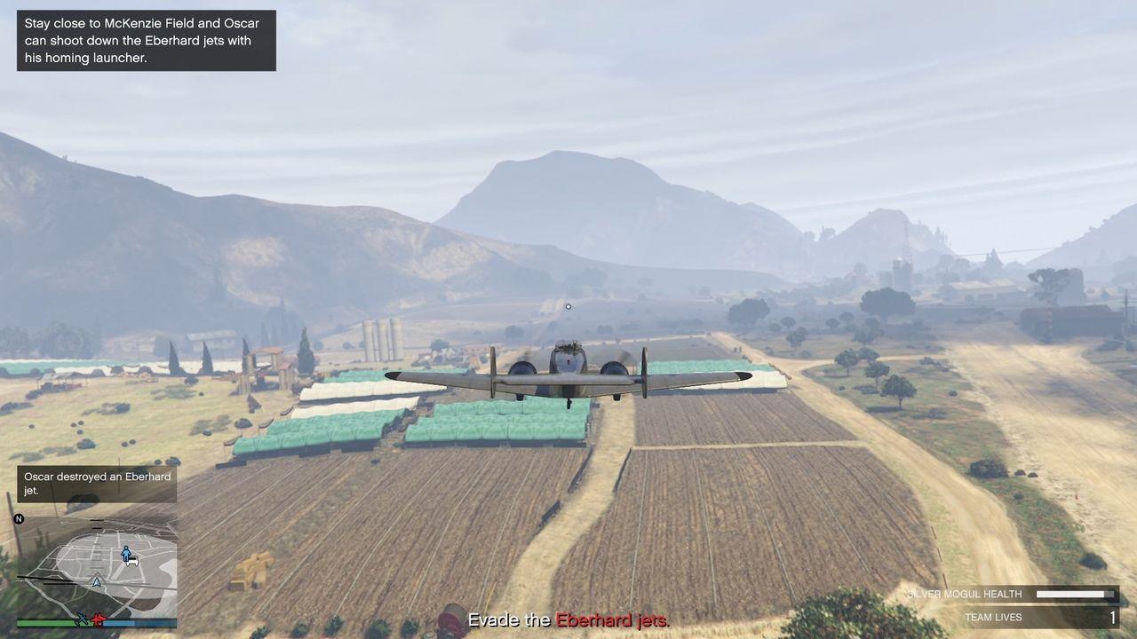 Flying in the white region so Oscar can shoot down the Eberhard Jets.