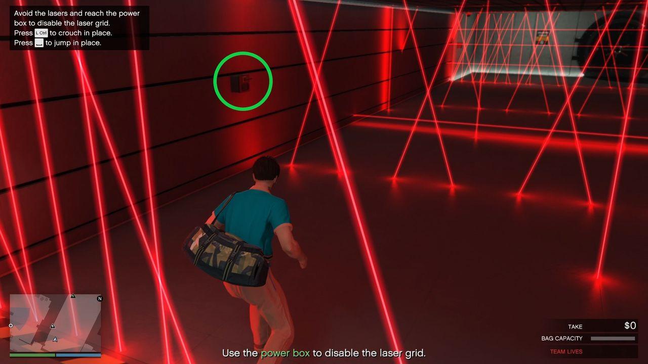 Going to the first switch since there is an opening and no laser is passing by.