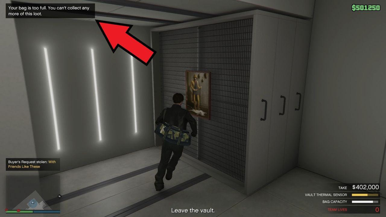 Prompt says loot bag doesn't have enough space as we get close to an expensive secondary target.