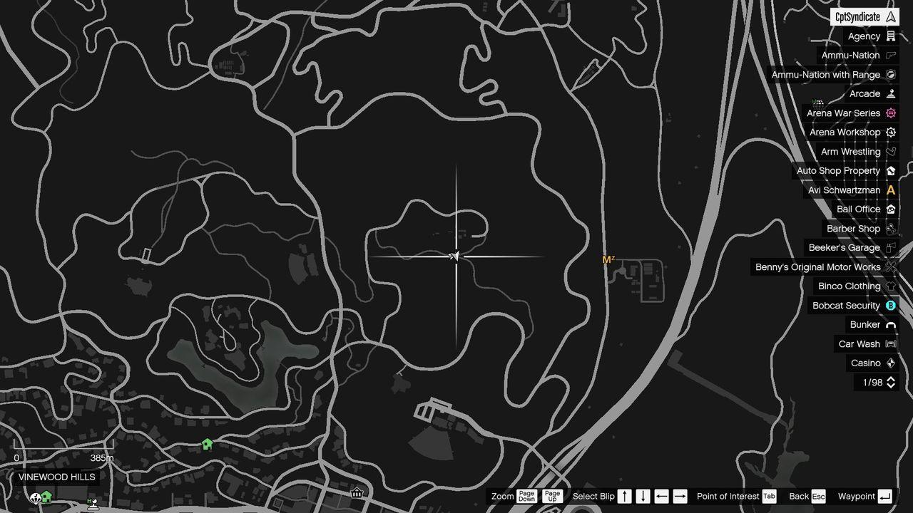 The map shows the location of the golden clover found at the Vinewood sign on Mount Haan in Vinewood Hills.