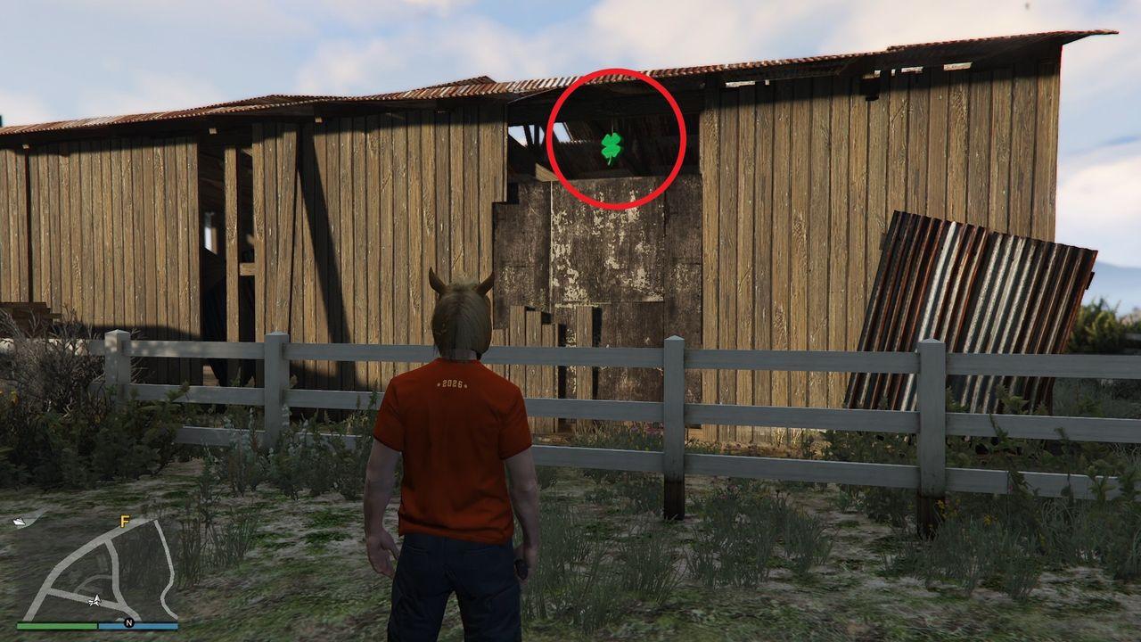 The lucky clover is hanging inside a barn in Grapeseed.