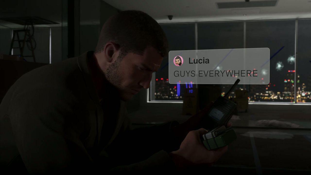 Lucia warns Jason as he checks his phone inside a high-rise office.