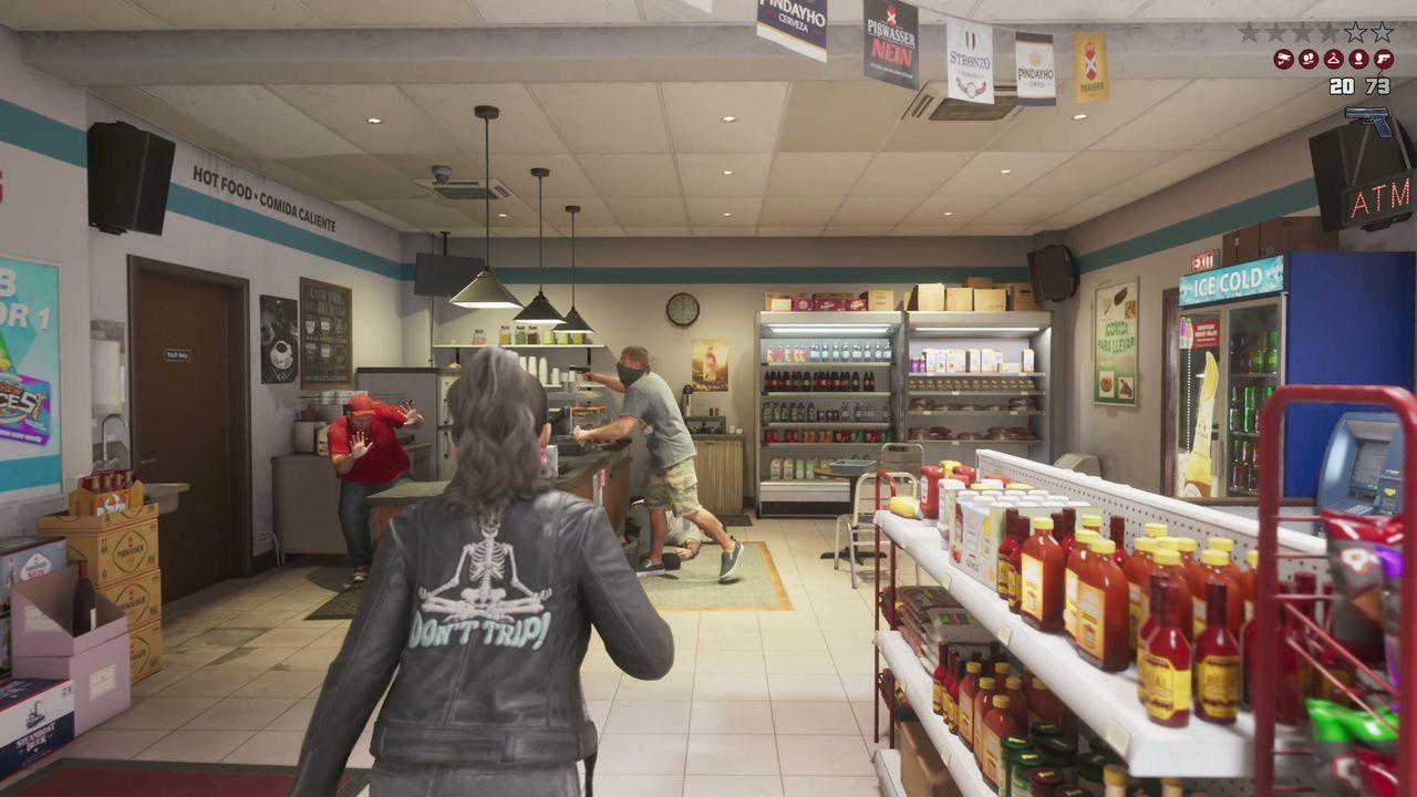 A masked robber charges through a convenience store.