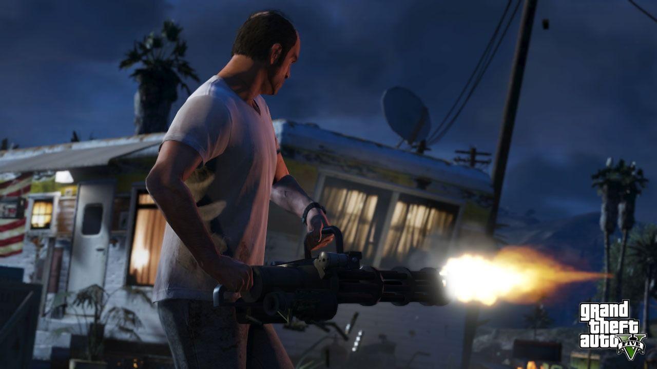 The official screenshot of Trevor showing him using the minigun.