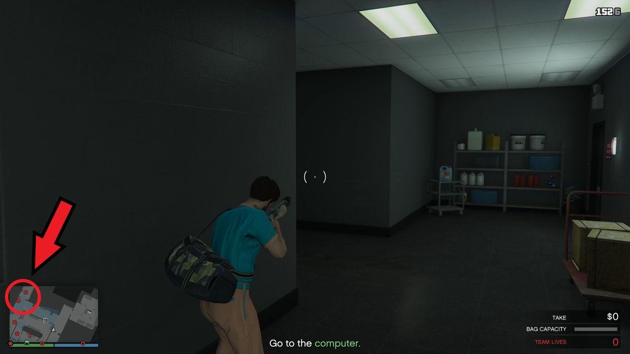 The two guards at the end of the hallway with one in the corridor looking directly at the other.