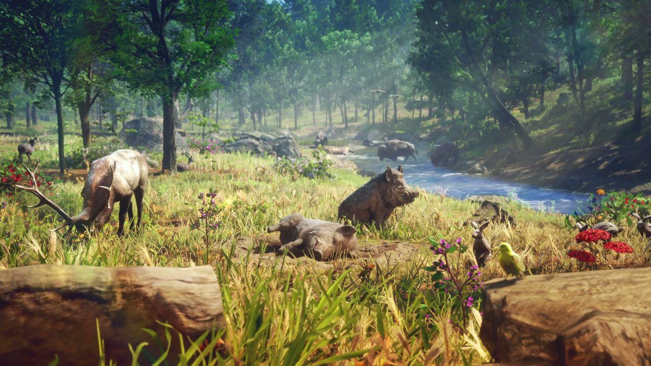 Wild boars, deer, rabbits and birds gather beside a forest stream.