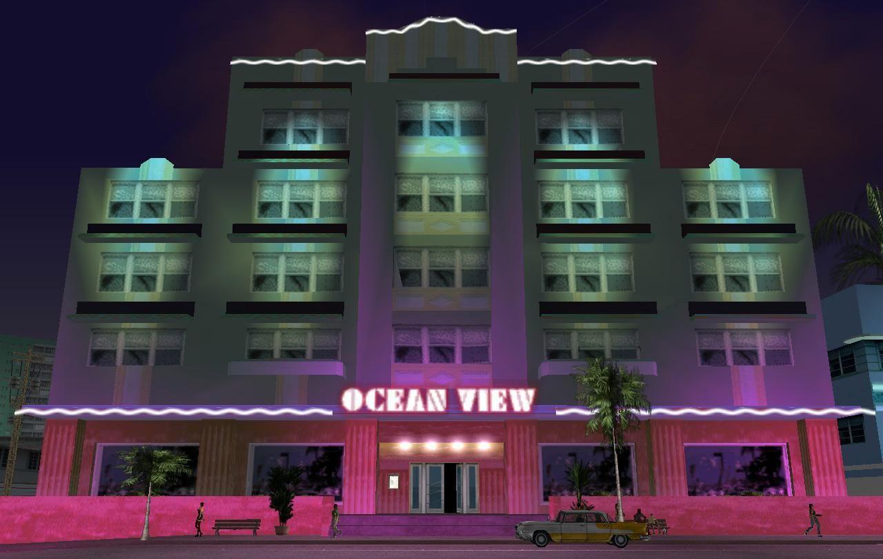 Ocean View Hotel with an Oceanic sedan parked outside as seen in 2002's GTA: Vice City.