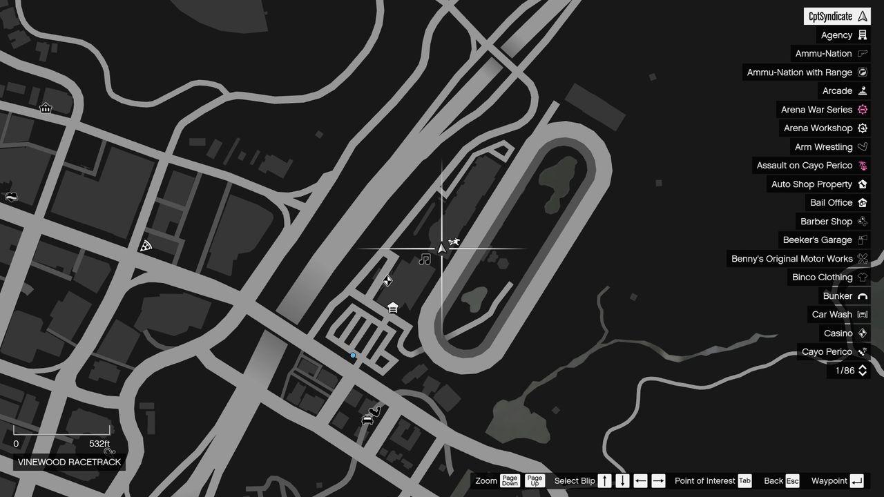 The map shows the location of the Yuanbao at the Vinewood Racetrack in East Vinewood.