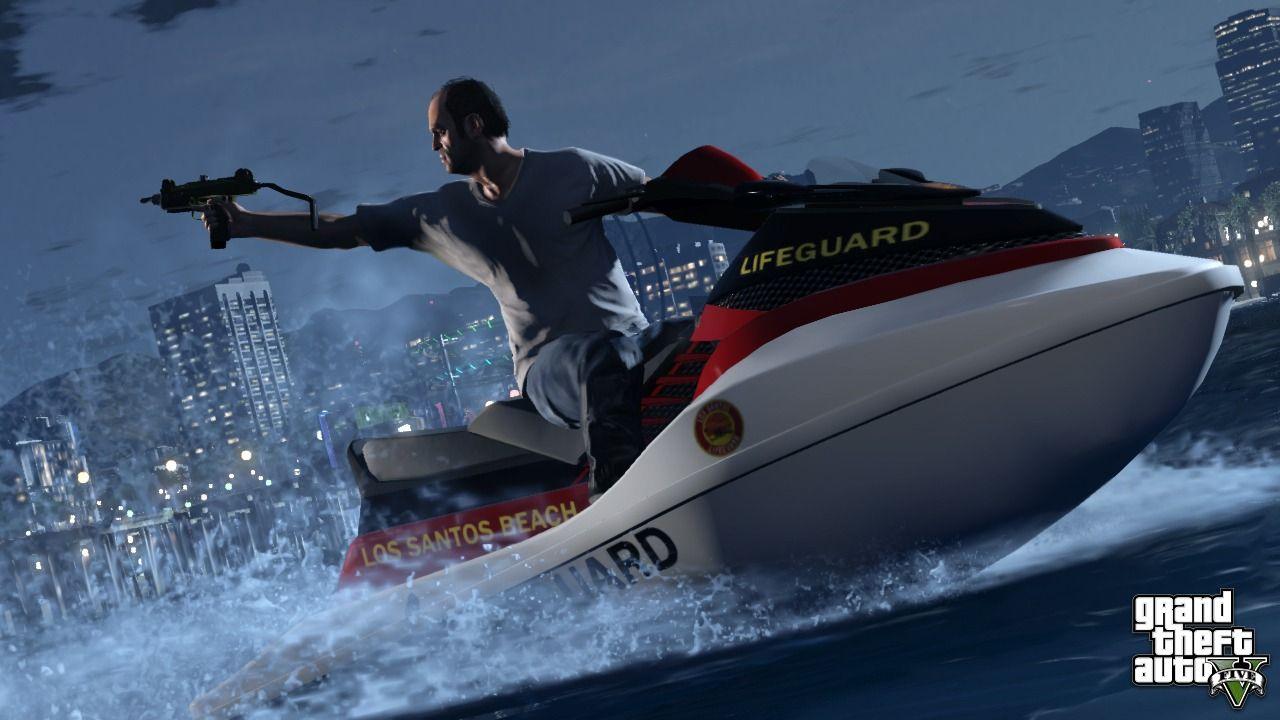The official screenshot of Trevor showing him driving a jet-ski in a drive-by shooting.