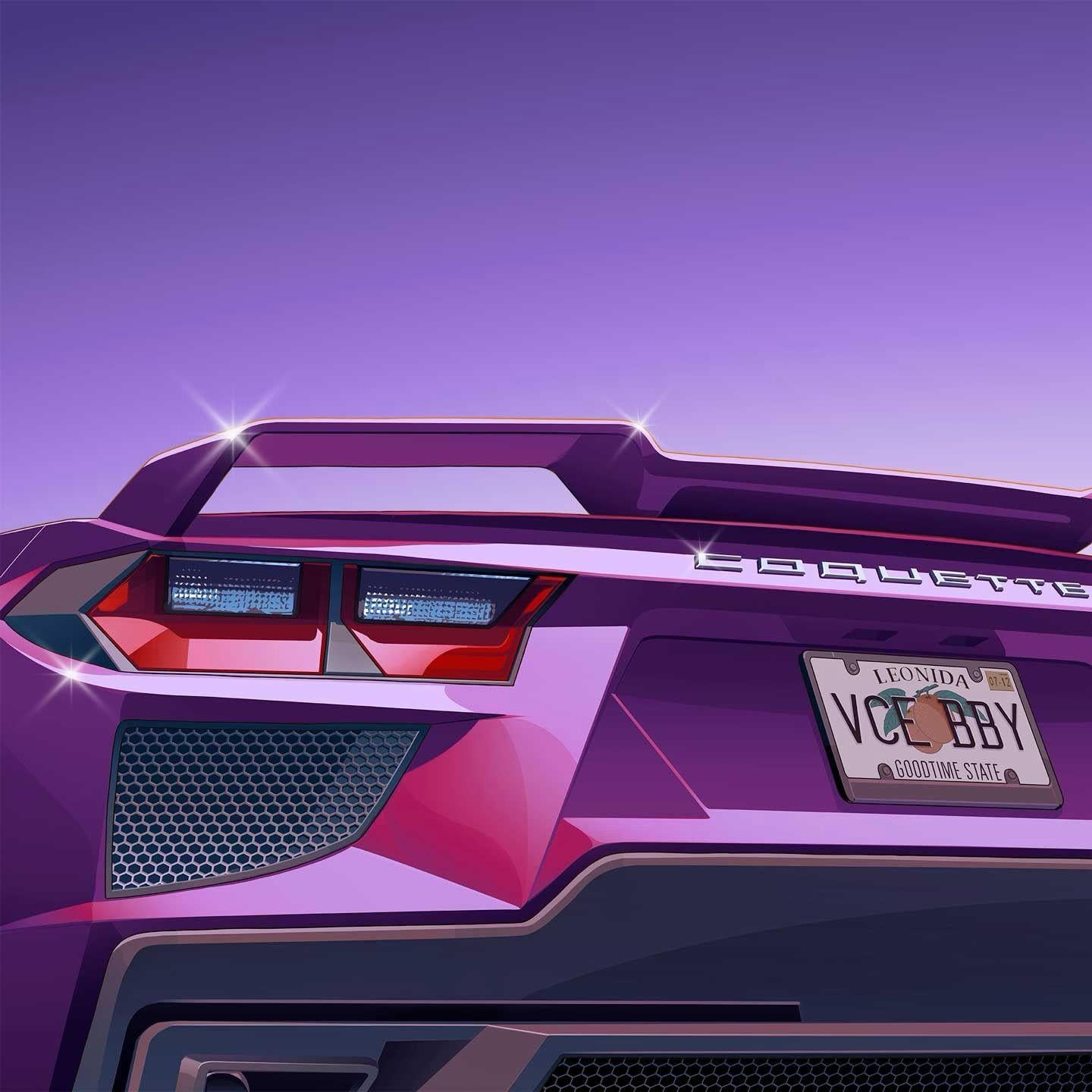 Illustration of the rear of a purple Coquette with a Leonida licence plate.