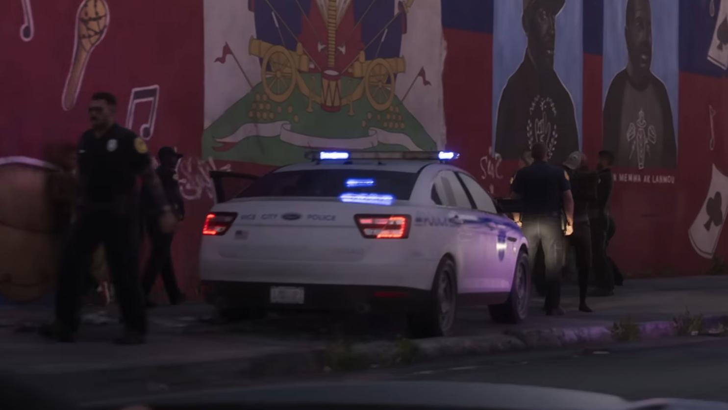 Vapid Police Cruiser covered in white and blue livery as seen in the second GTA 6 trailer.