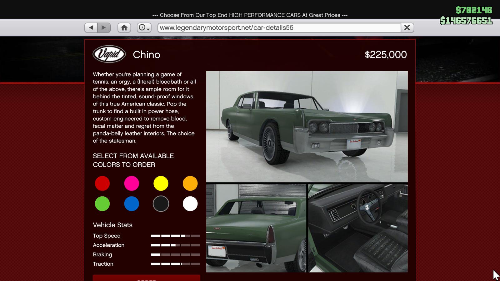 Vapid Chino on sale on the Legendary Motorsport website in GTA Online.