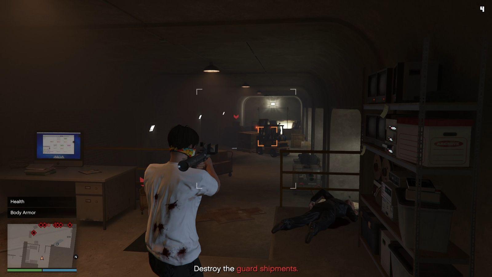 Destroying the guard shipments inside the warehouse.