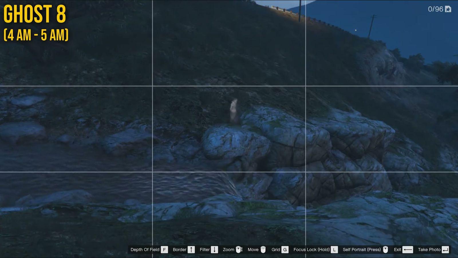 Ghost 8 standing on rocks at the top of the Tongva Hills waterfall in GTA Online's 2023 Halloween event.