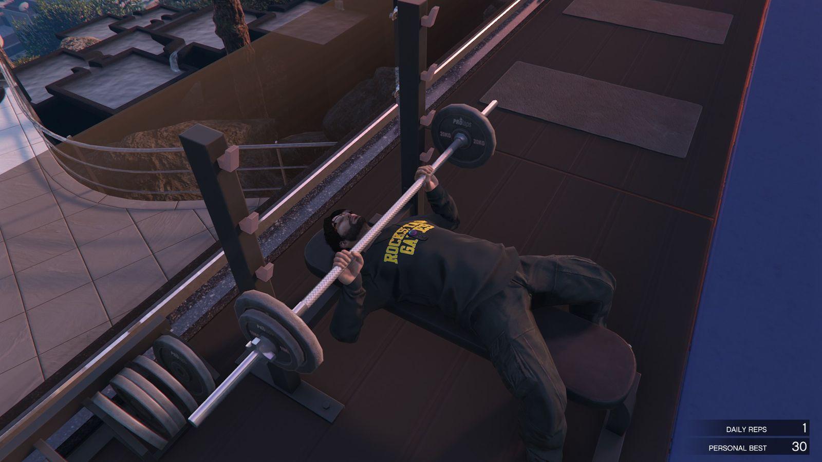 Using the gym equipment inside the mansion. You can also hide the gym equipment by going to the interaction menu while inside your mansion.