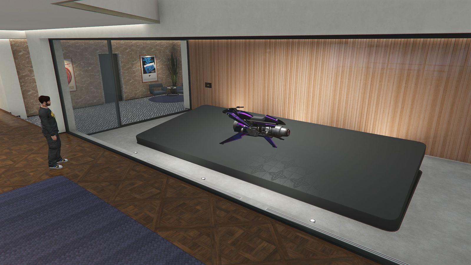 Indoor podium where an Oppressor Mark II is displayed.