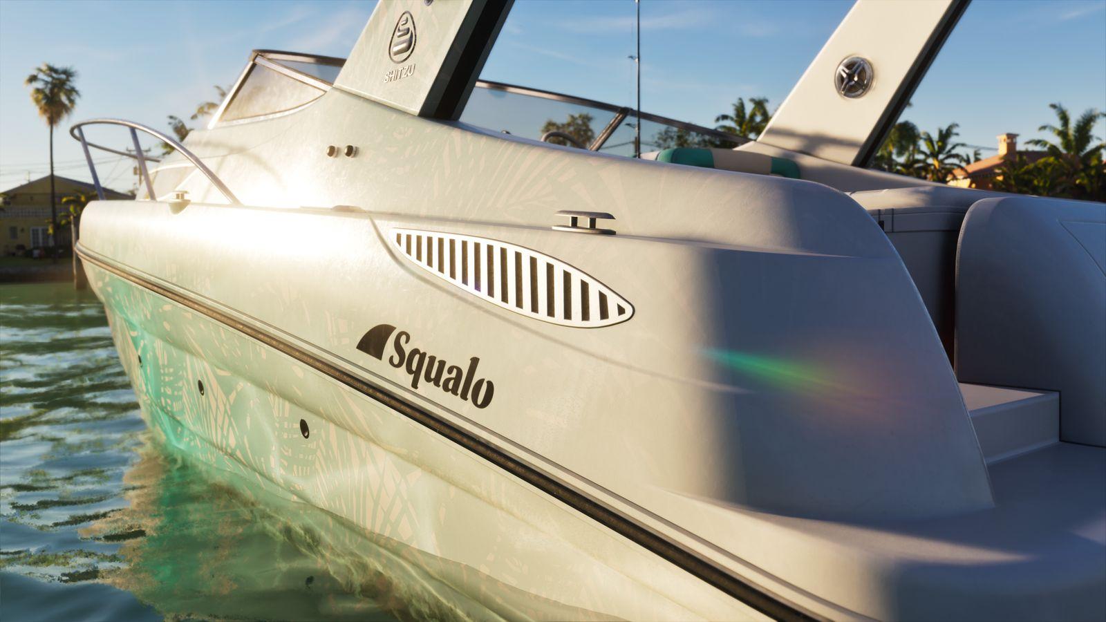 Shitzu and Squalo branding on the side of the hull.