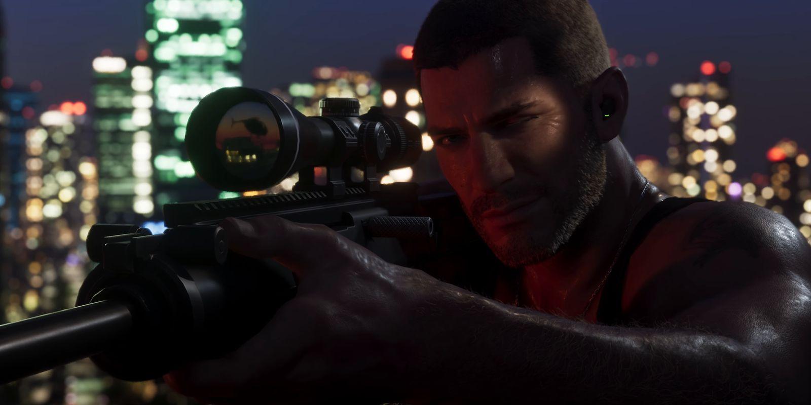 Jason aims a scoped rifle with the city lights behind him.