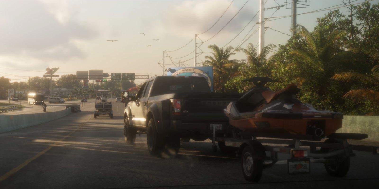 A pickup tows a personal watercraft along a palm-lined road.