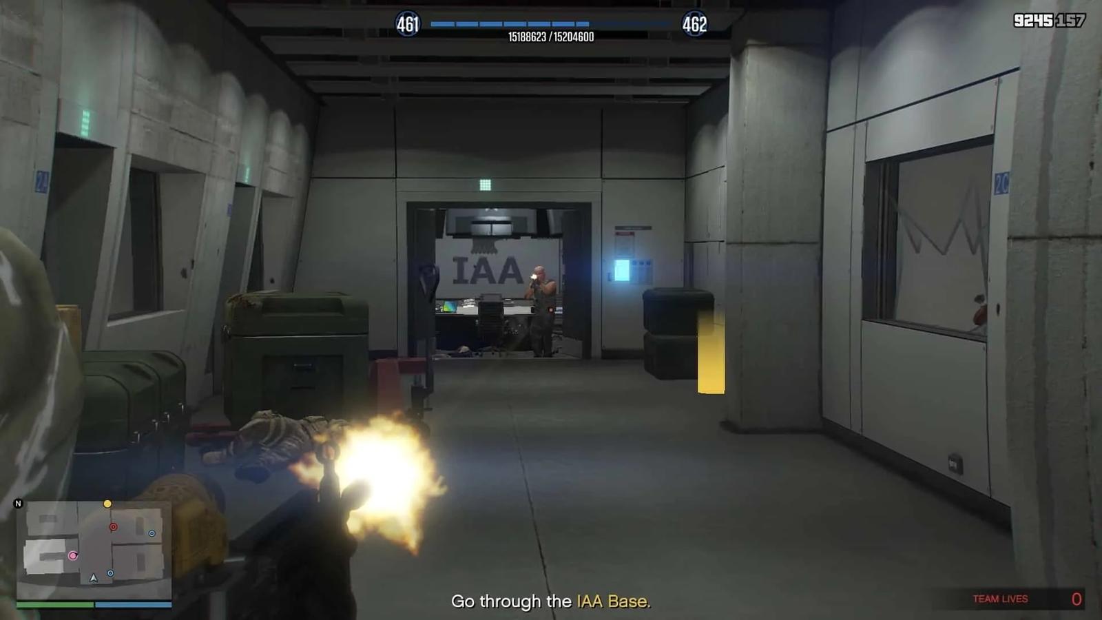 Soldiers coming through the double door at the end of the hallway