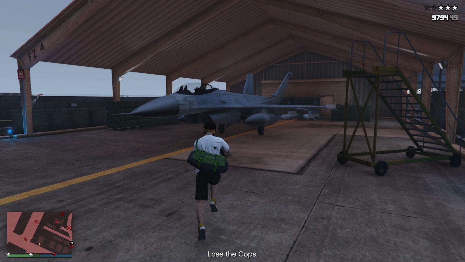 Using the fighter jet at Fort Zancudo to escape.