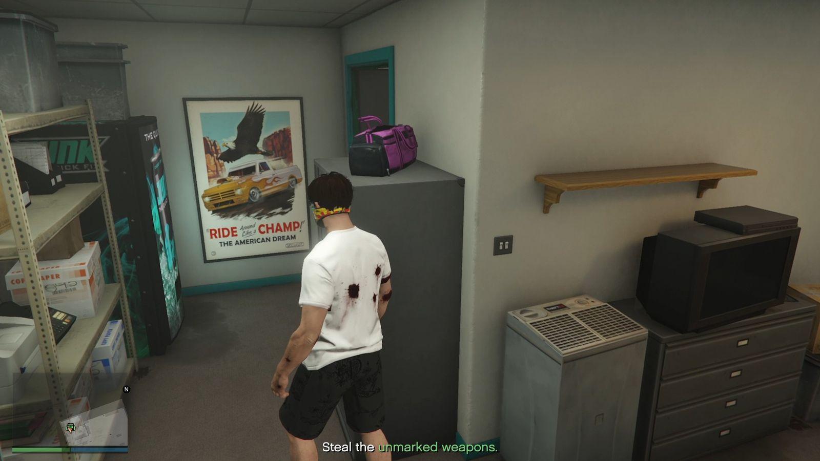The purple duffle bag contains the unmarked weapons.