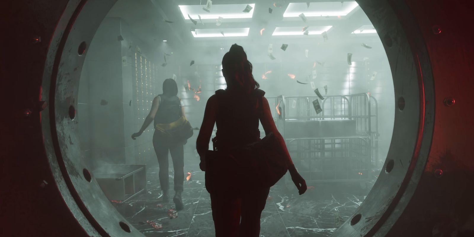 Two armed women enter a smoky vault as banknotes flutter around them.