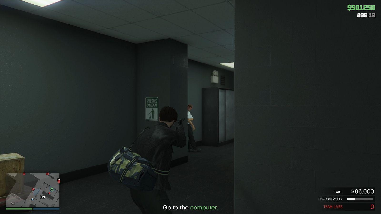 Eliminate the leaning guard before approaching the CCTV server-room keypad.