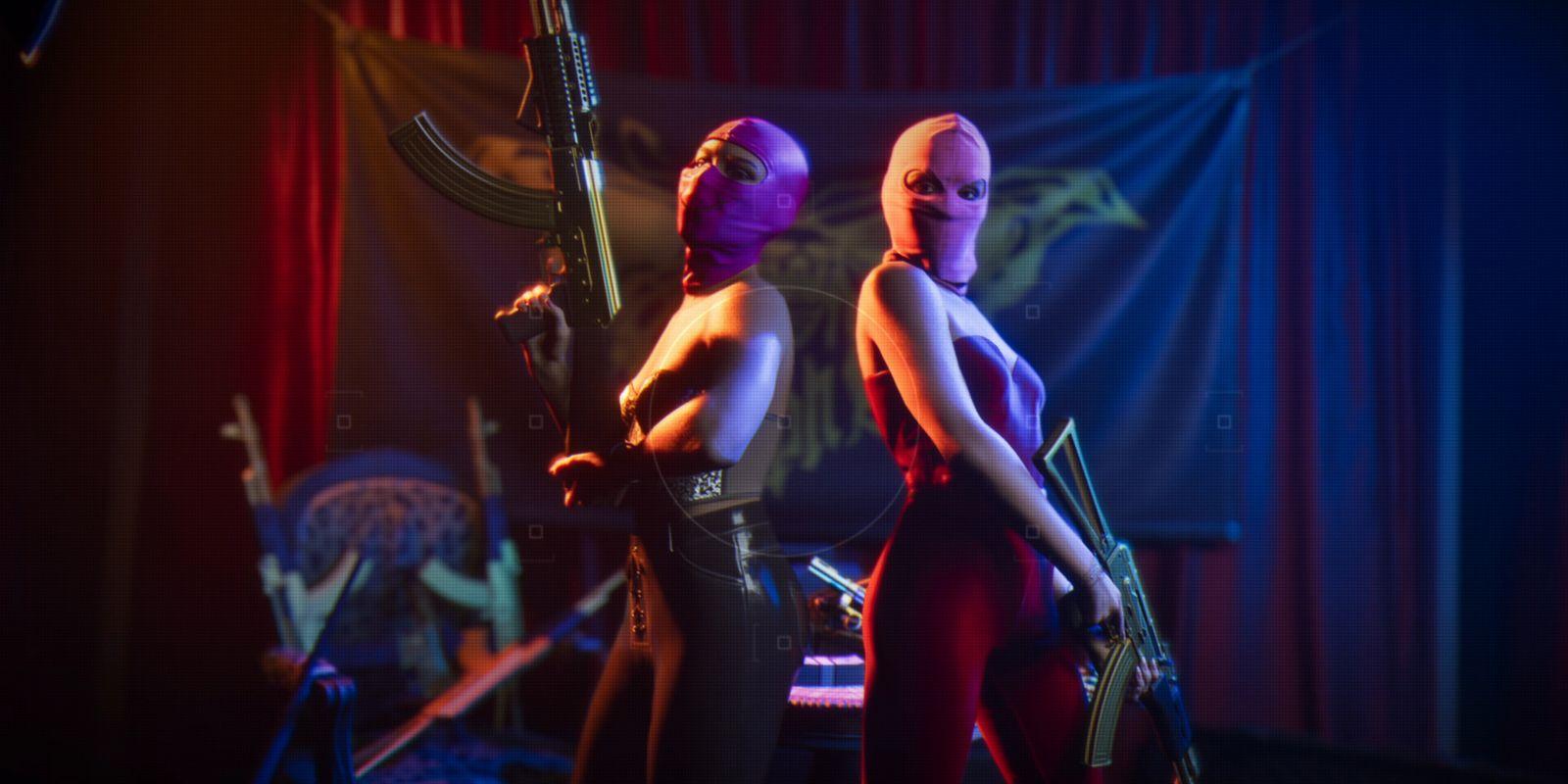 Two masked women pose back to back with rifles.