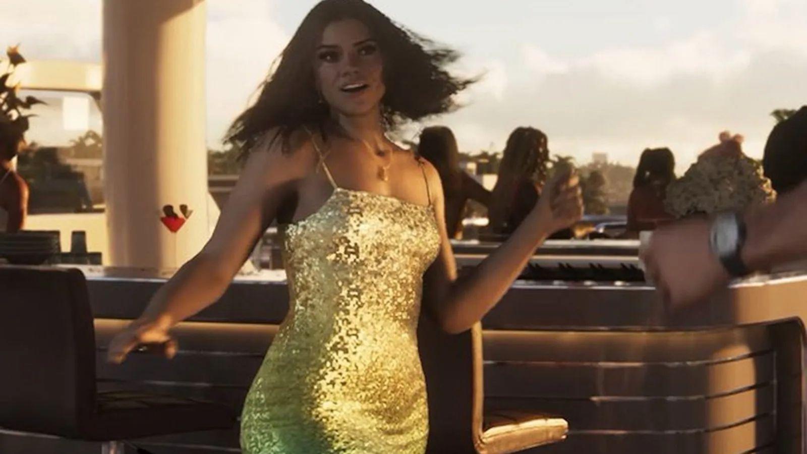 A still from Trailer 1 showing Lucia walking along the Vice City waterfront wearing a dress.