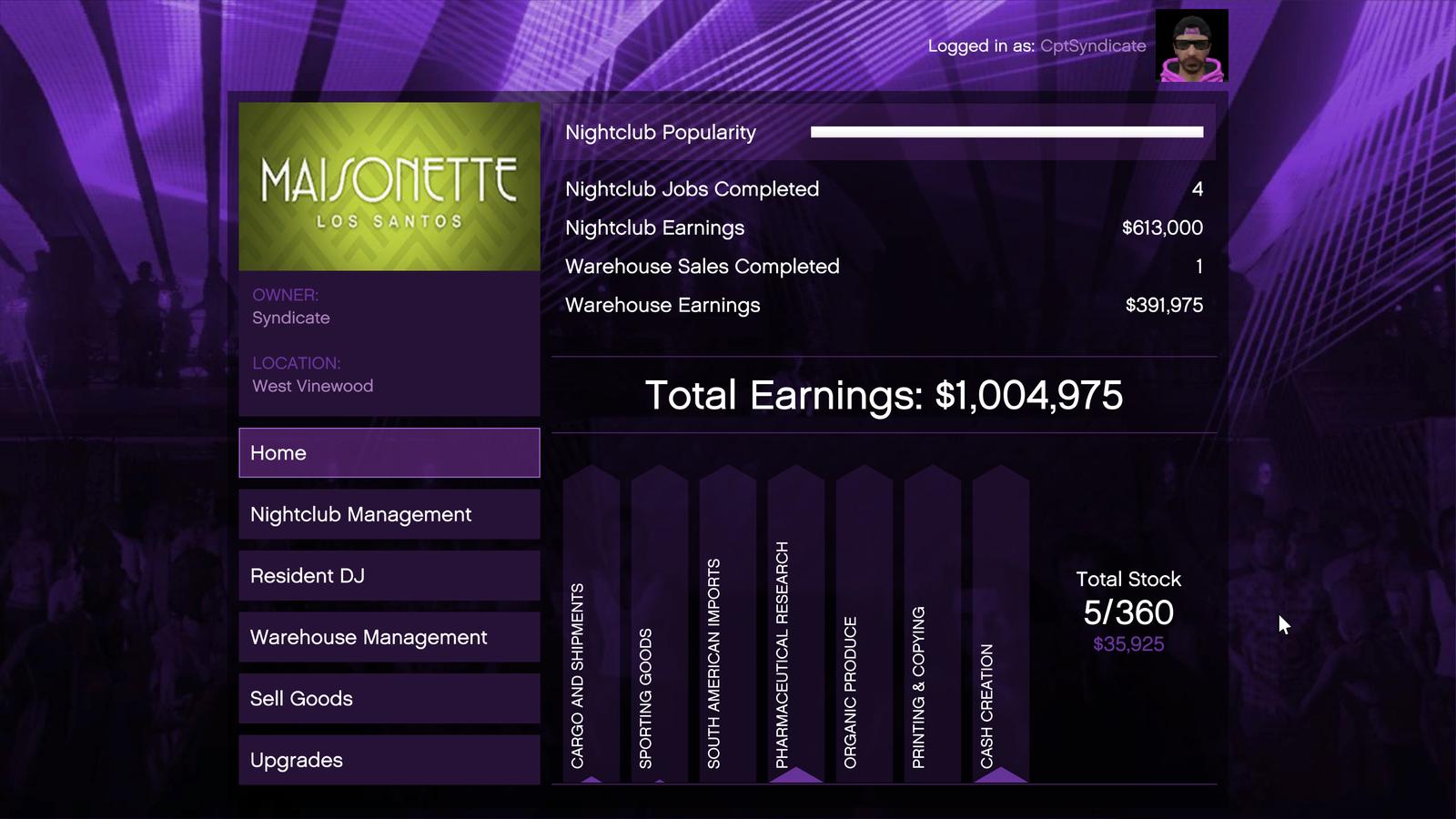 GTA Online Nightclub management screen showing warehouse earnings