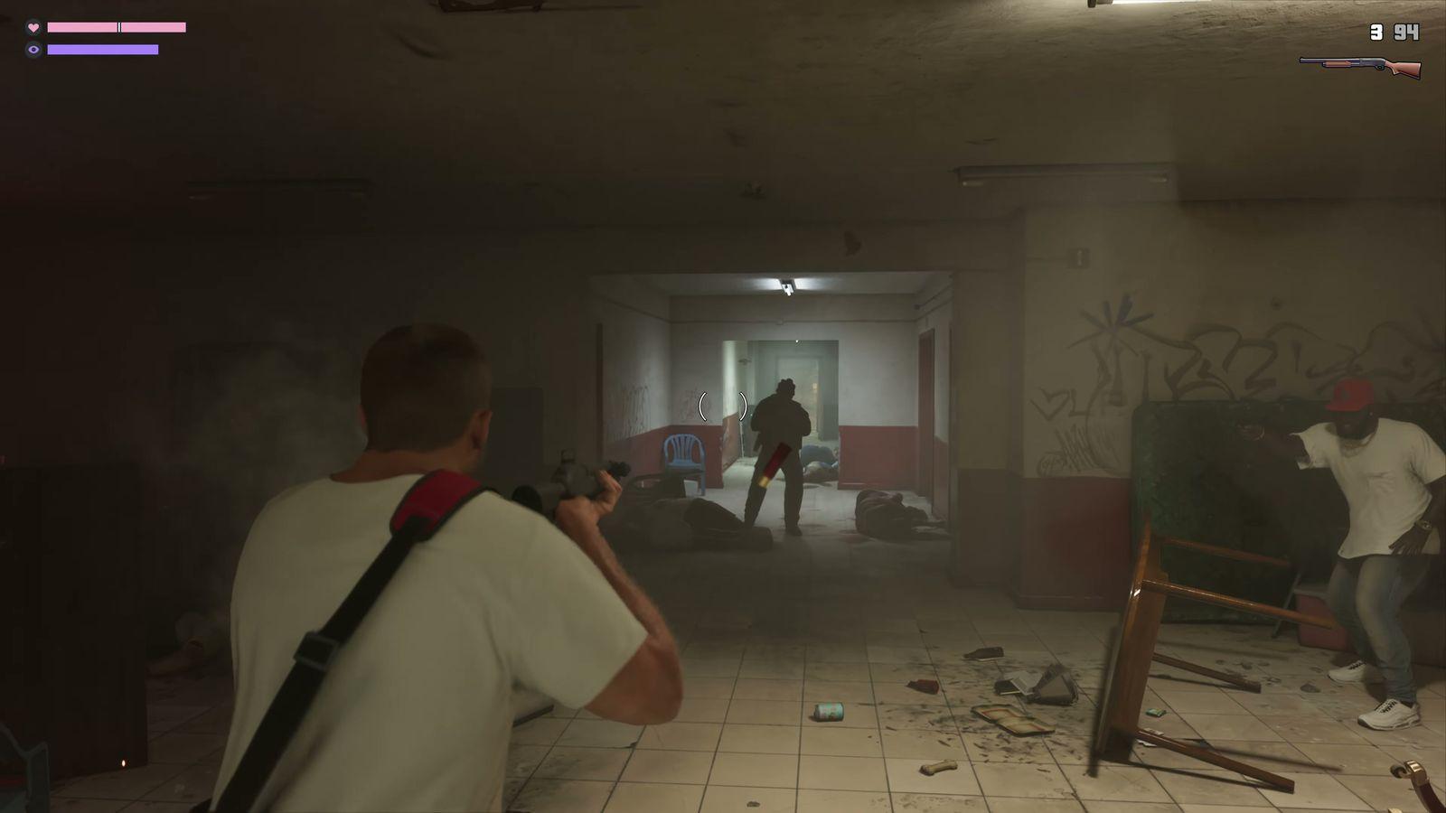 The firefight pushes into the building's narrow corridors.