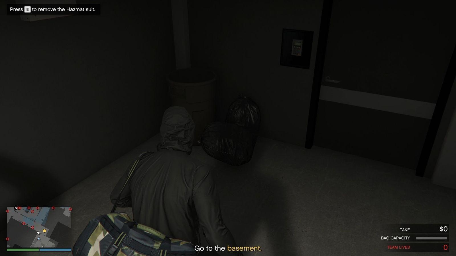 Remove the Hazmat Suit by interacting with the trash bin in the corner by the exit door.