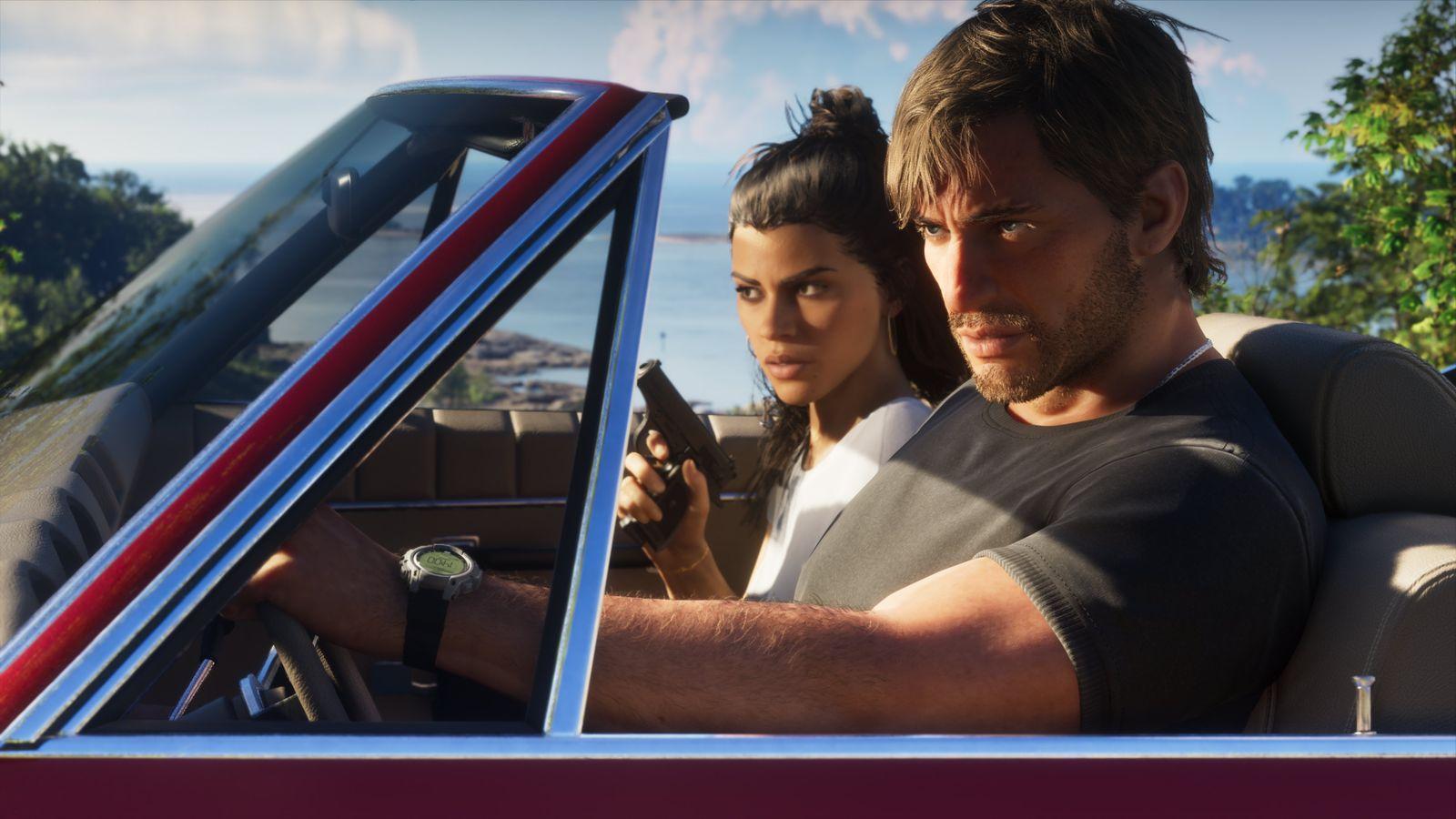 Lucia checks her phone while riding with Jason in a convertible.
