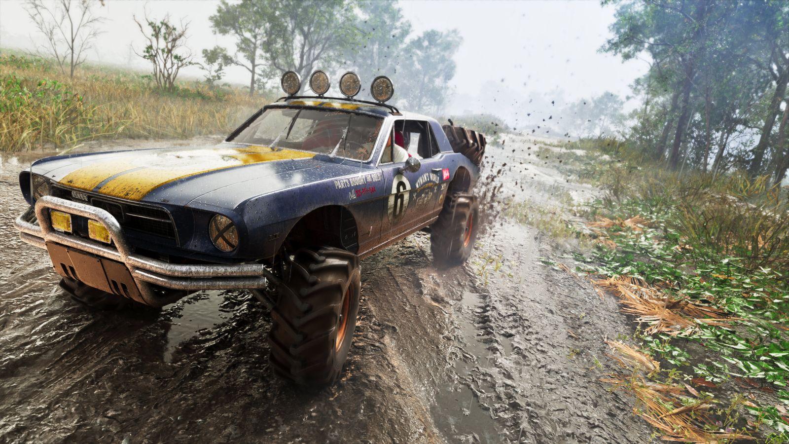 The ’67 Vapid Dominator Buggy driving through a muddy road.