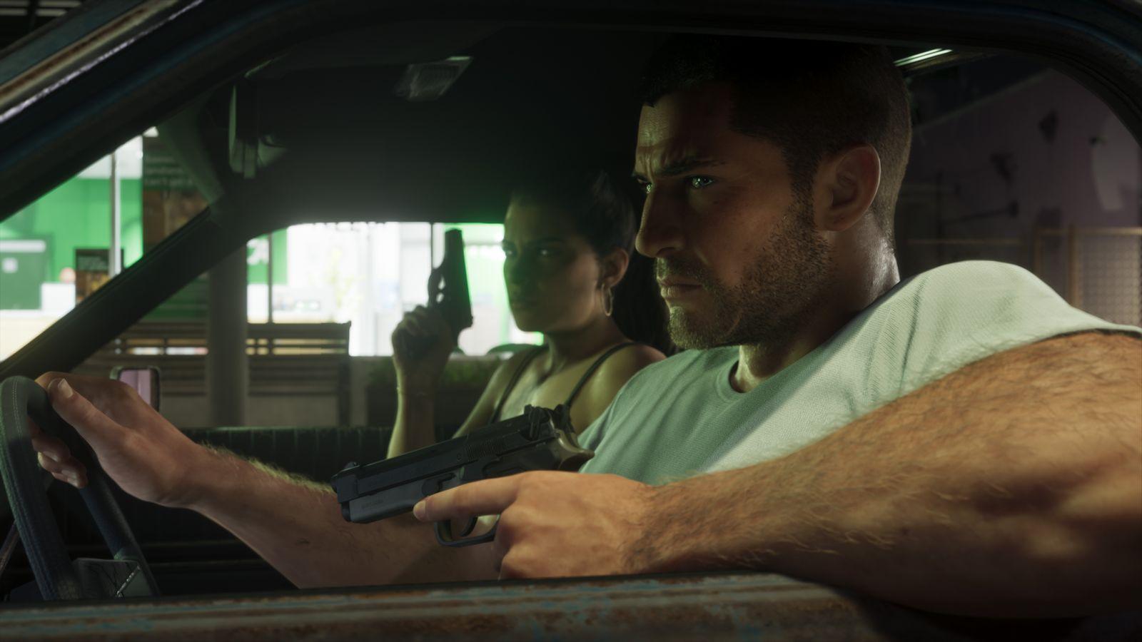 Jason drives while Lucia watches from the passenger seat.
