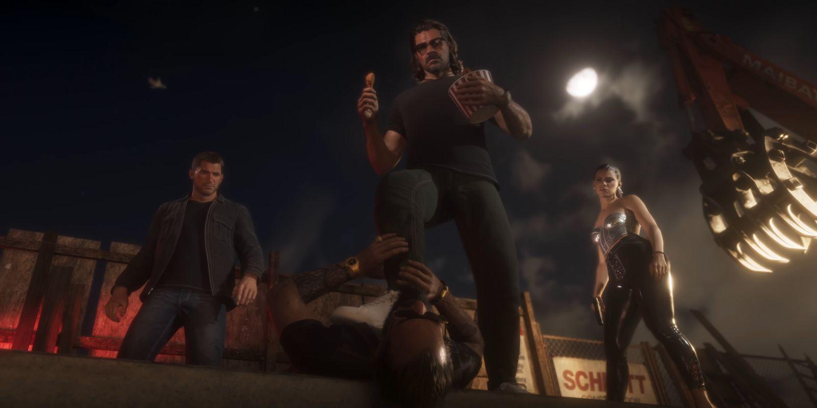 A man eats from a bucket while pinning another man beneath his foot, with Jason and Lucia nearby.