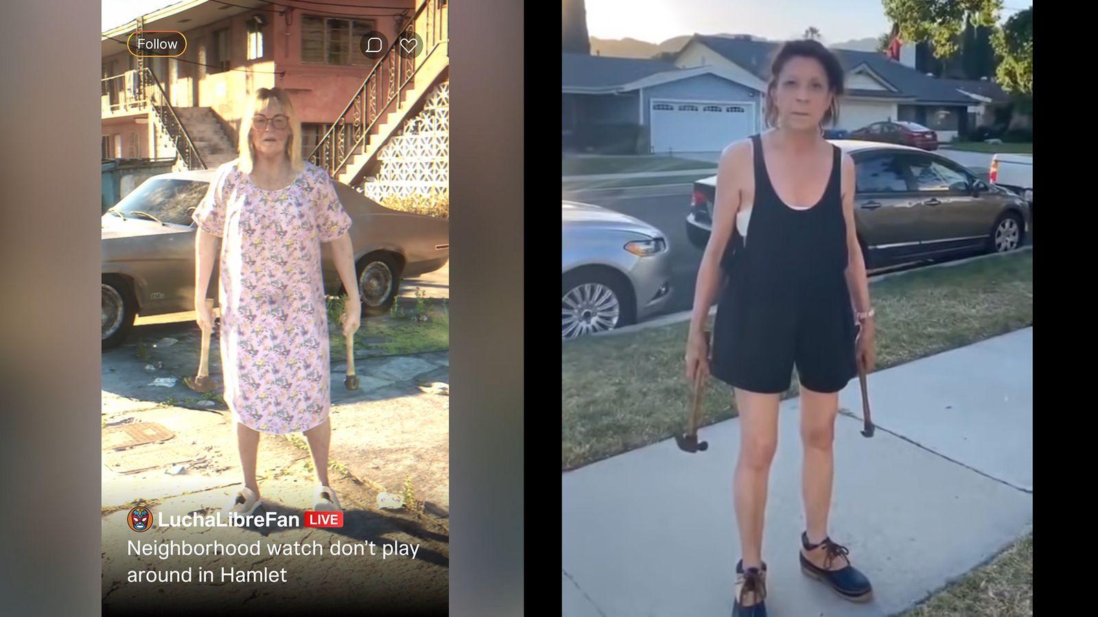The dual hammers, parked car and confrontational pose closely follow the 2020 Chatsworth video.