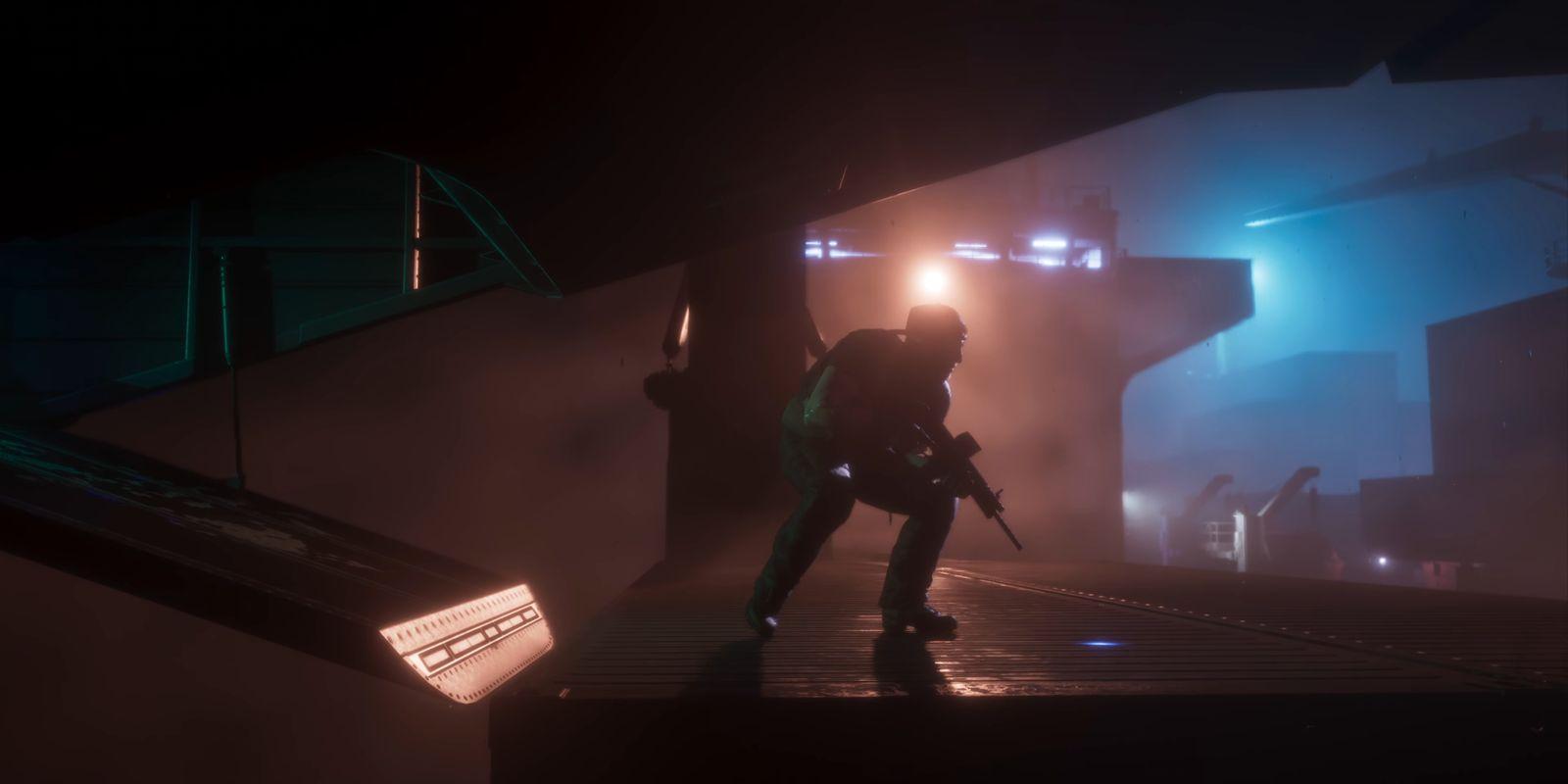 An armed figure crouches on a metal walkway beneath blue and orange lights.