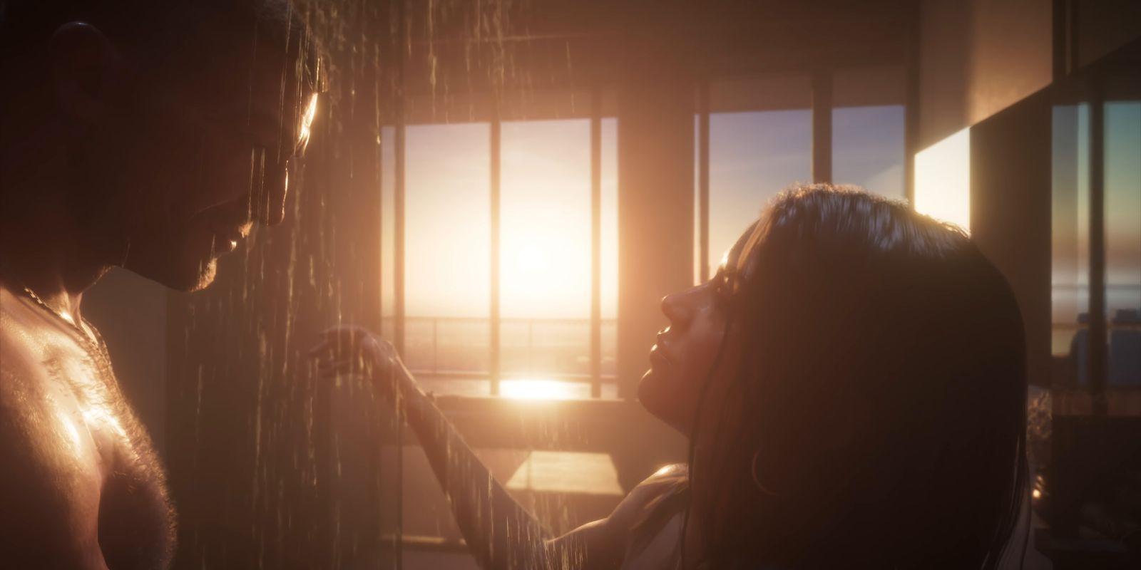Jason and Lucia face each other in a shower lit by the setting sun.
