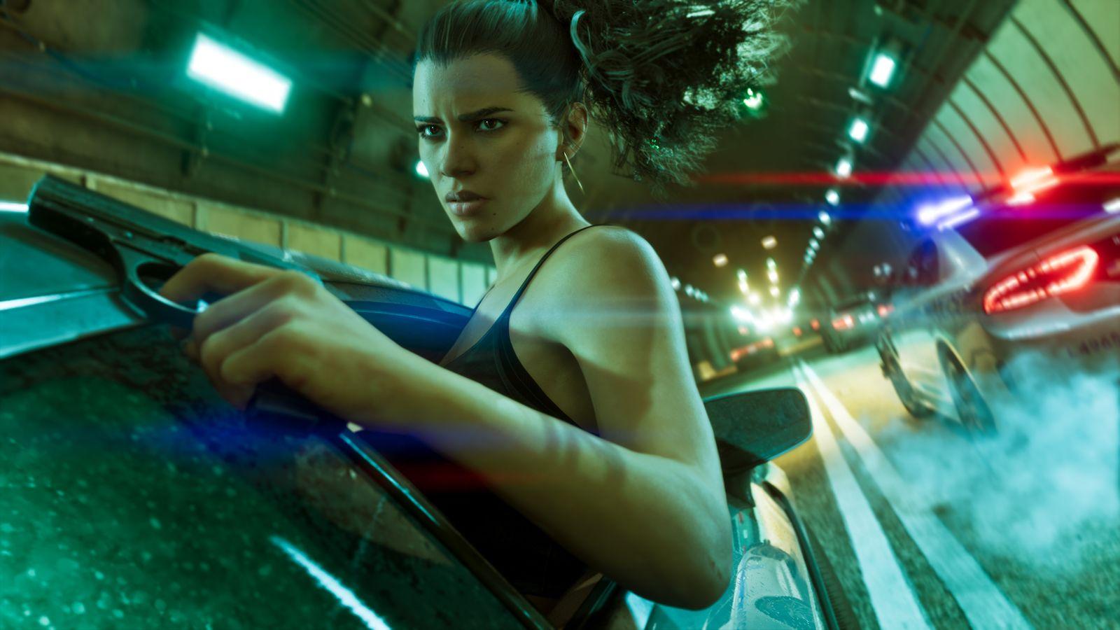Lucia aims a handgun from a car window during a police pursuit.