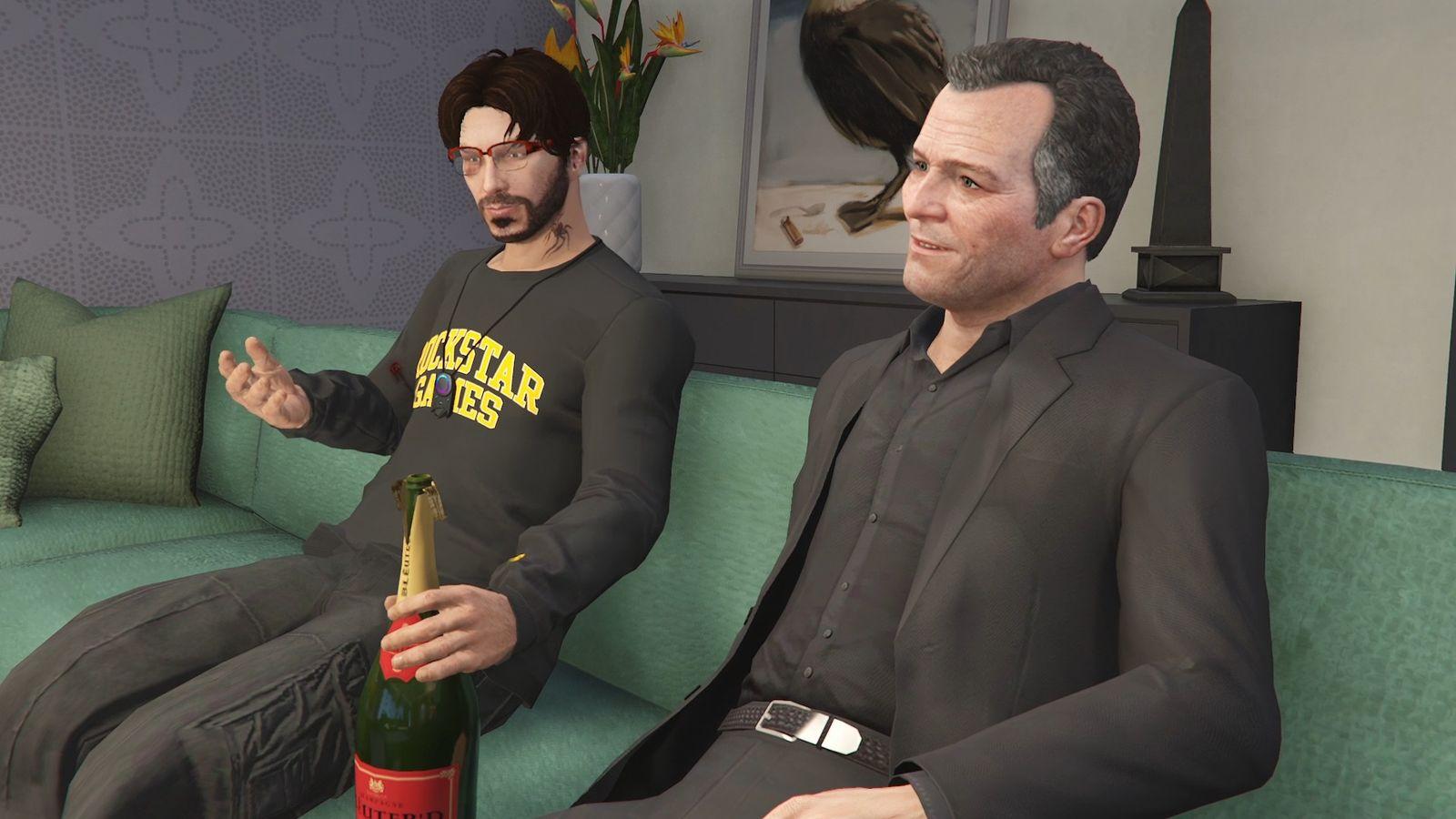 GTA Online character and Michael after fending off the mercenaries.