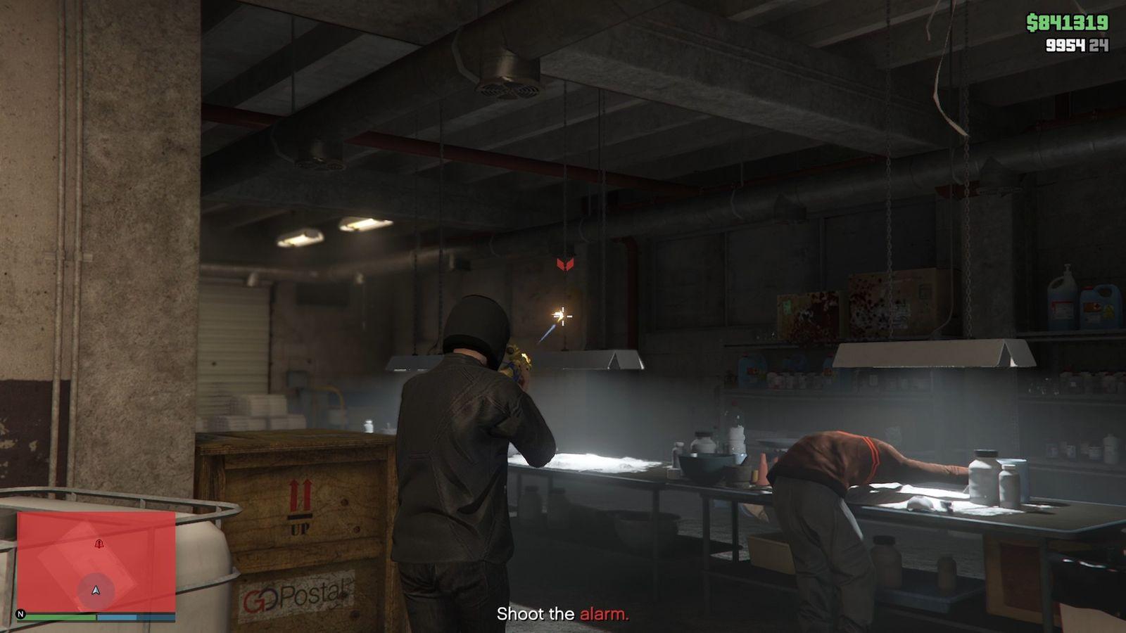 Shooting the alarm inside the cocaine lockup.