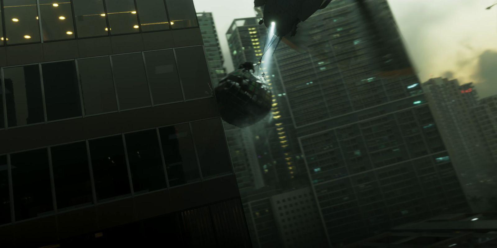 A helicopter carries a large suspended load beside a glass-fronted high-rise.