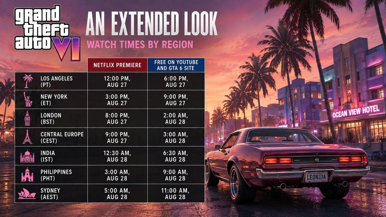 Find out when the new Grand Theft Auto VI extended look premieres on Netflix and when it becomes available for free on YouTube and the official GTA 6 website in your region.